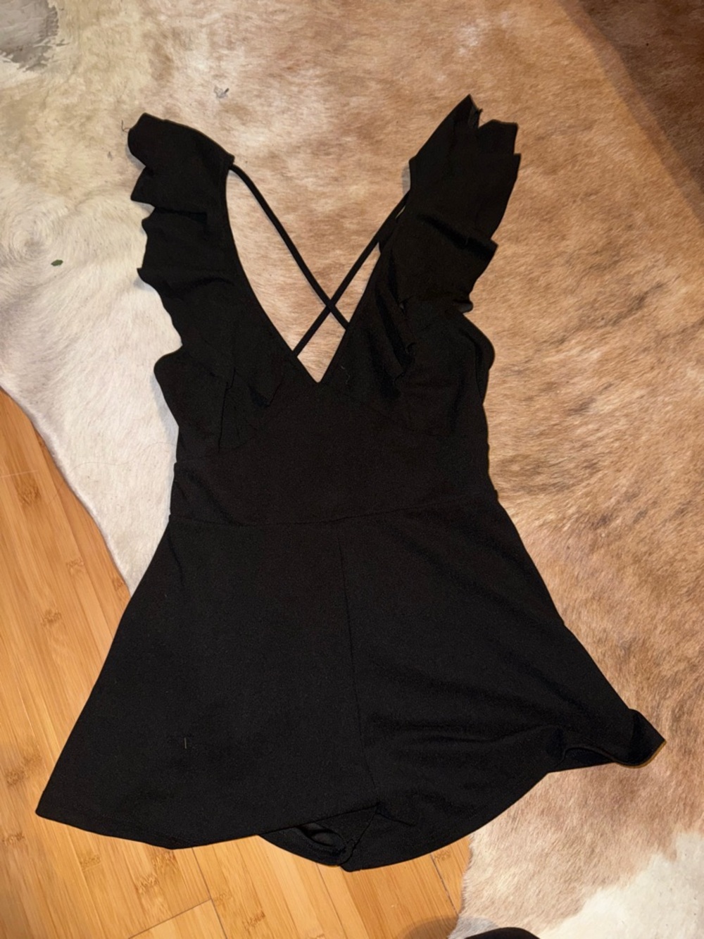 SHEIN Black Petite Romper with Ruffle V-Neck